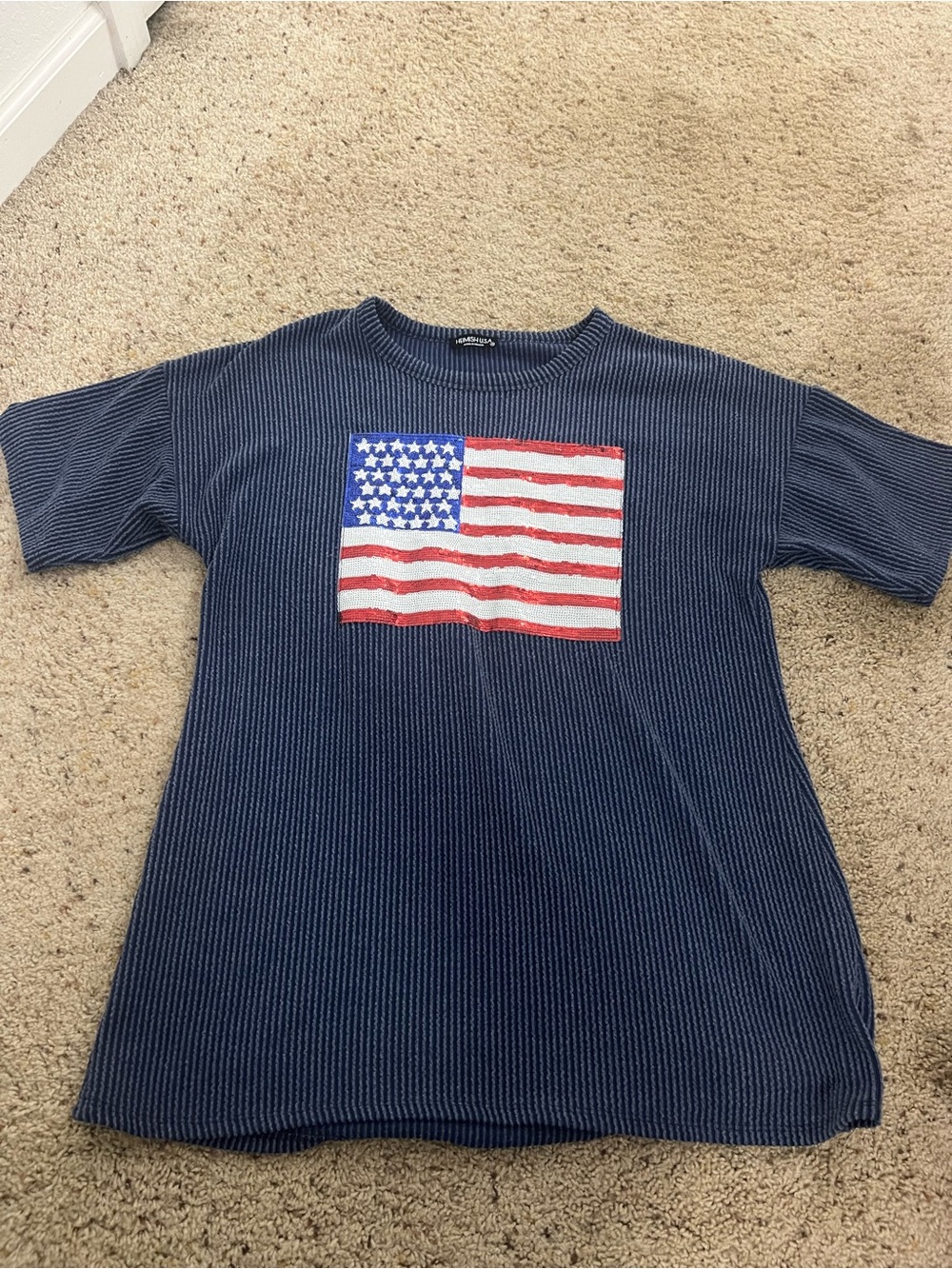 Women Navy Blue Short-Sleeve Tee with American Flag Graphic